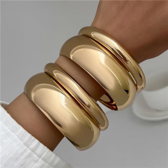 Chunky Bangle Bracelet | Gold & Silver Tone | Minimalist Stacking Jewelry - Picture 2 of 3